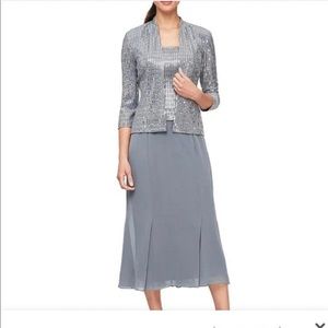 Alex evening tea length pewter colored dress Size 18